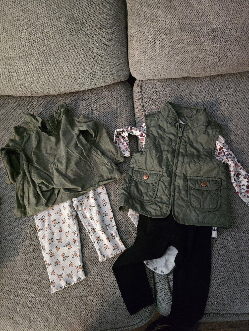 Girls Olive Green Quilted Vest + Floral Outfit Set